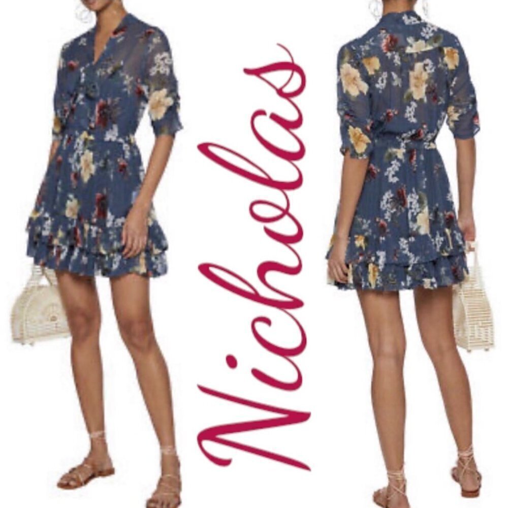 NWT NICHOLASโ 100% Silk Floral Ruffled Mini Dress, Size 8 - Picture 12 of 12